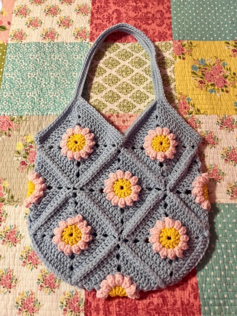 New Handmade Crocheted Daisy Granny Square Bag, Raised Flowers, Market Purse